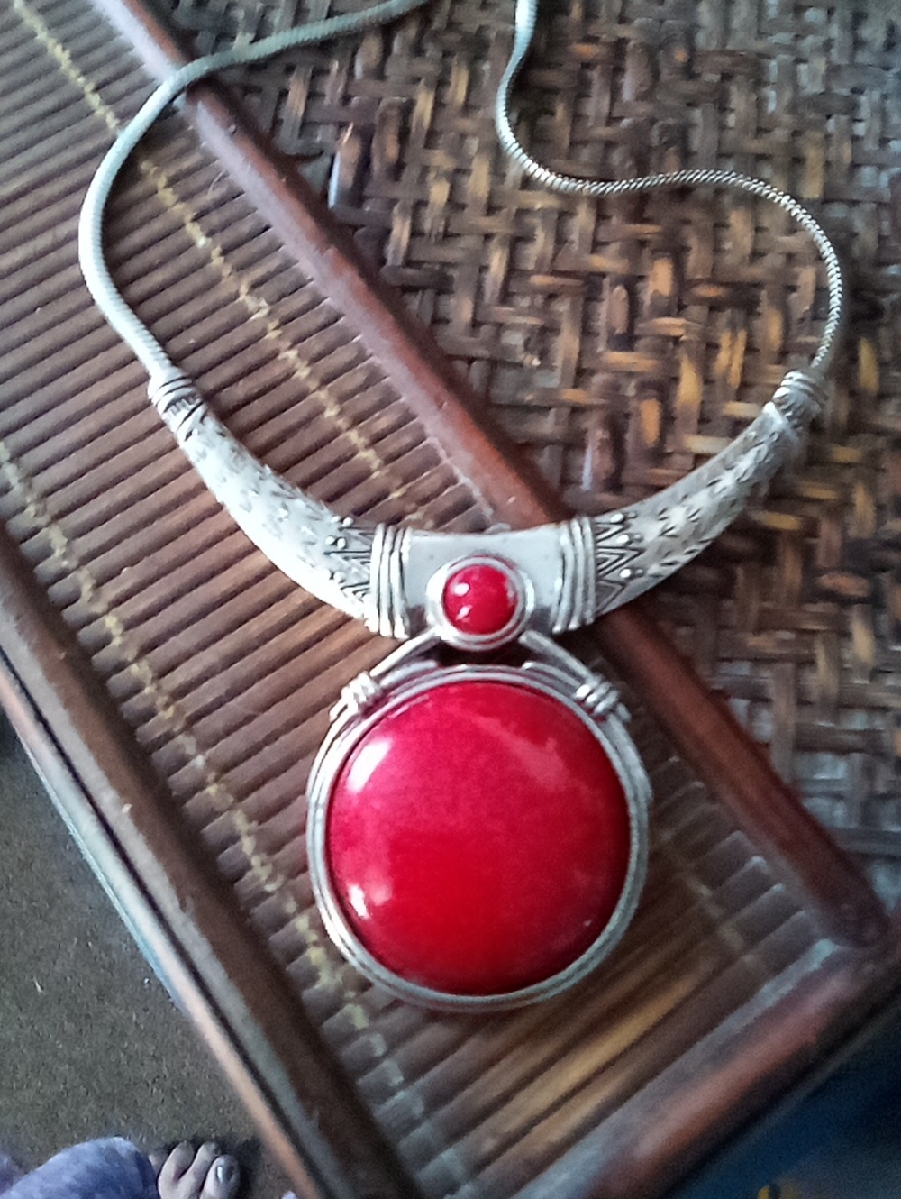 Silver-Tone Necklace with Red Stone Pendant - Women Jewelry